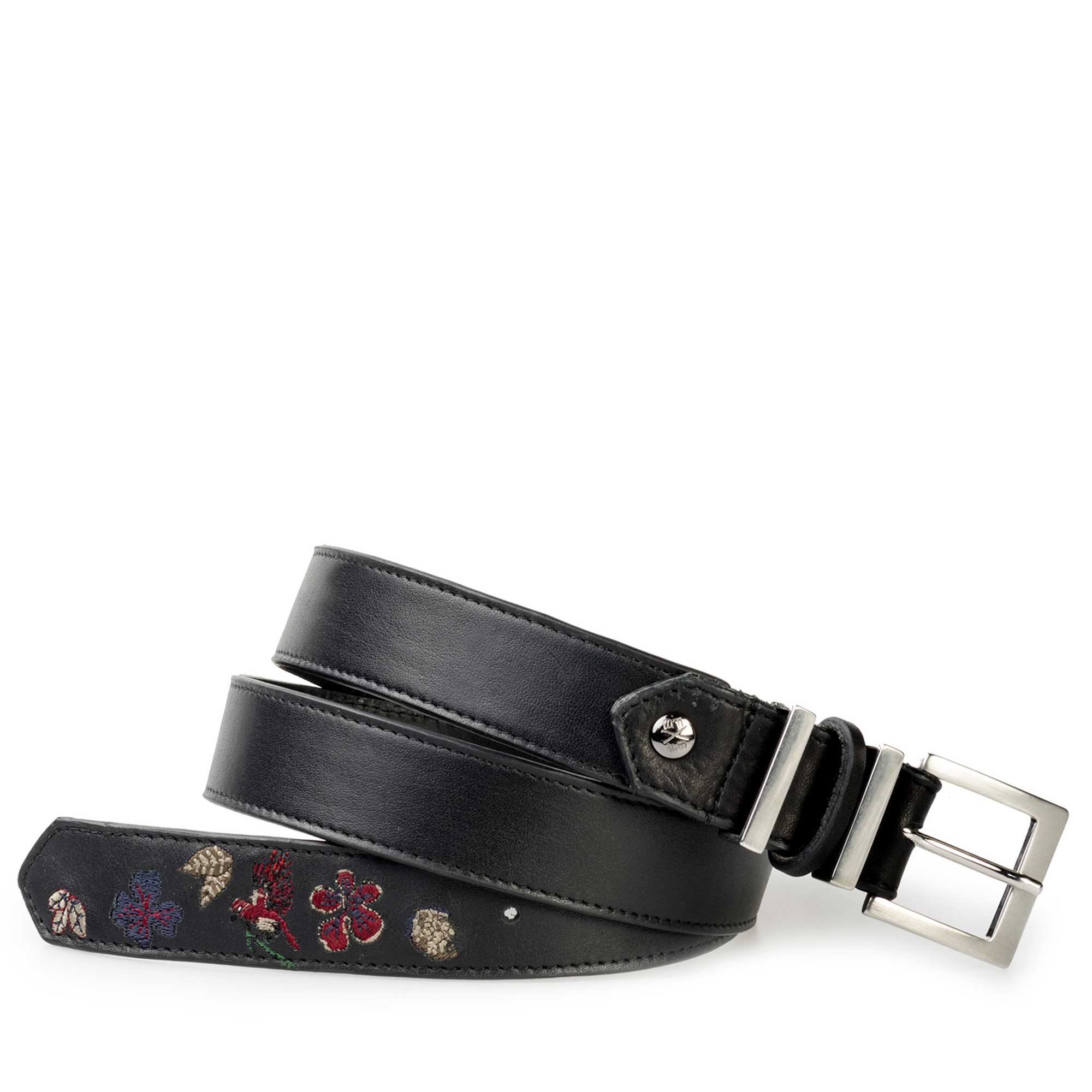75807/00 - Schwarzer Damengürtel aus Leder mit Stickereidetails 75807/00 - Schwarzer Damengürtel aus Leder mit Stickereidetails