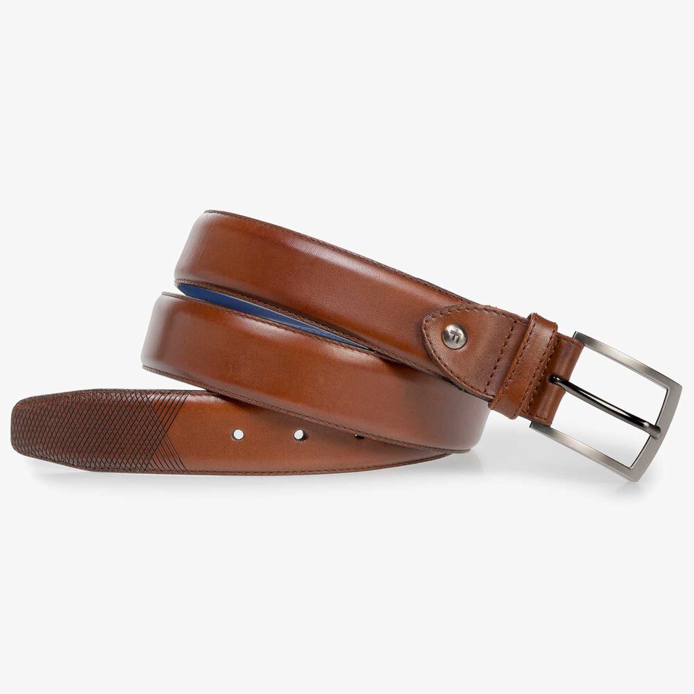 Cognac-coloured leather belt with laser print