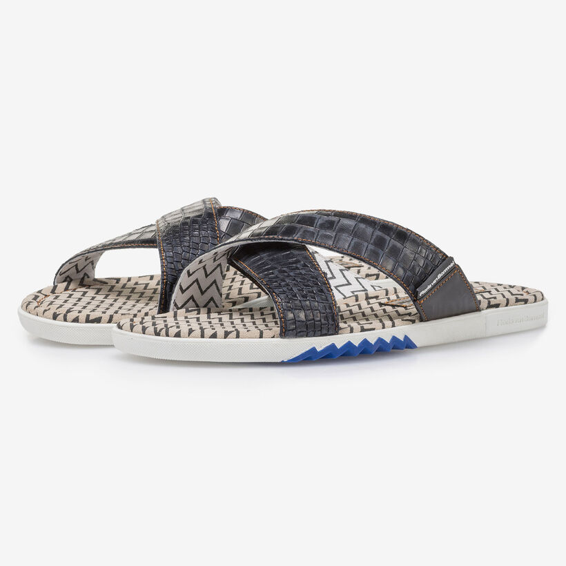 Dark blue nubuck leather cross strap slipper with print