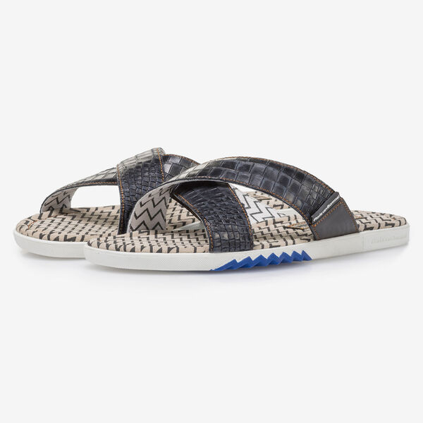 Dark blue nubuck leather cross strap slipper with print