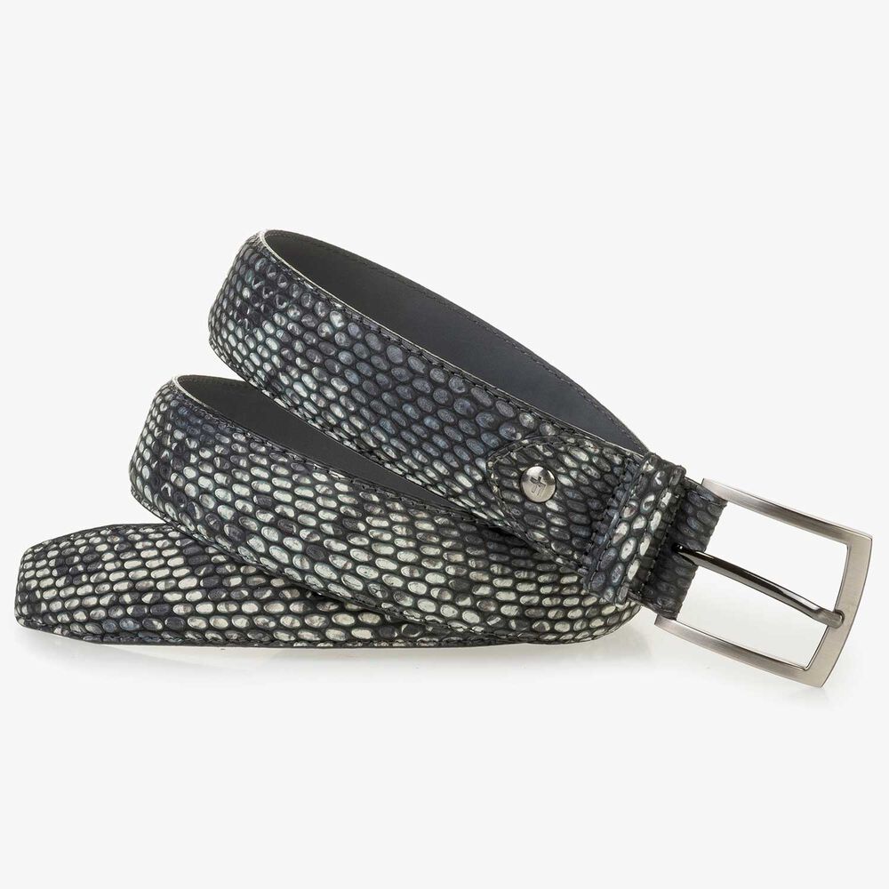 Gray calf leather belt with a snake print