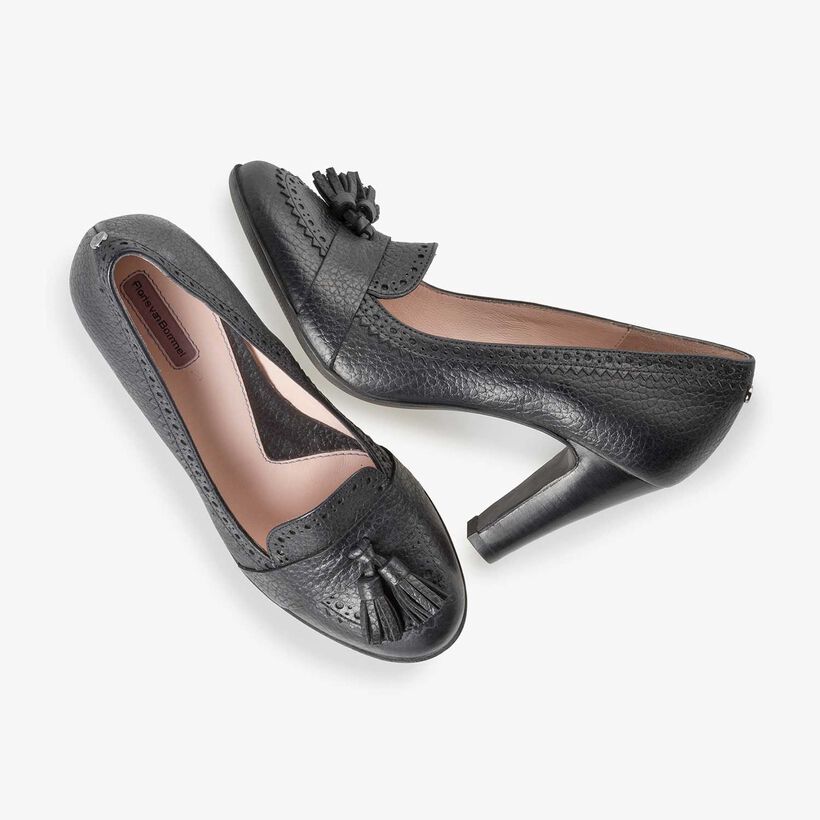 Black leather tassel high heels
