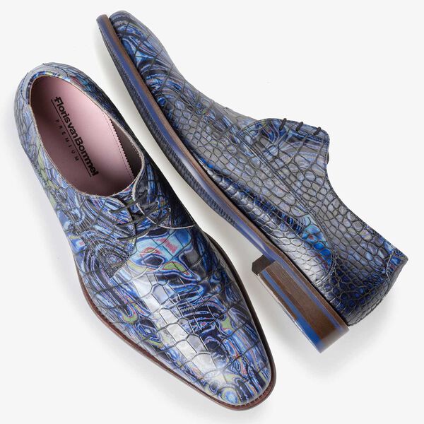 Blauer Premium Leder Schnürschuh mit Krokoprint