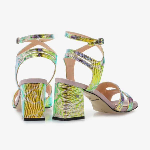 Leder-Sandalette mit gr&uuml;n-goldenem Metallic-Print