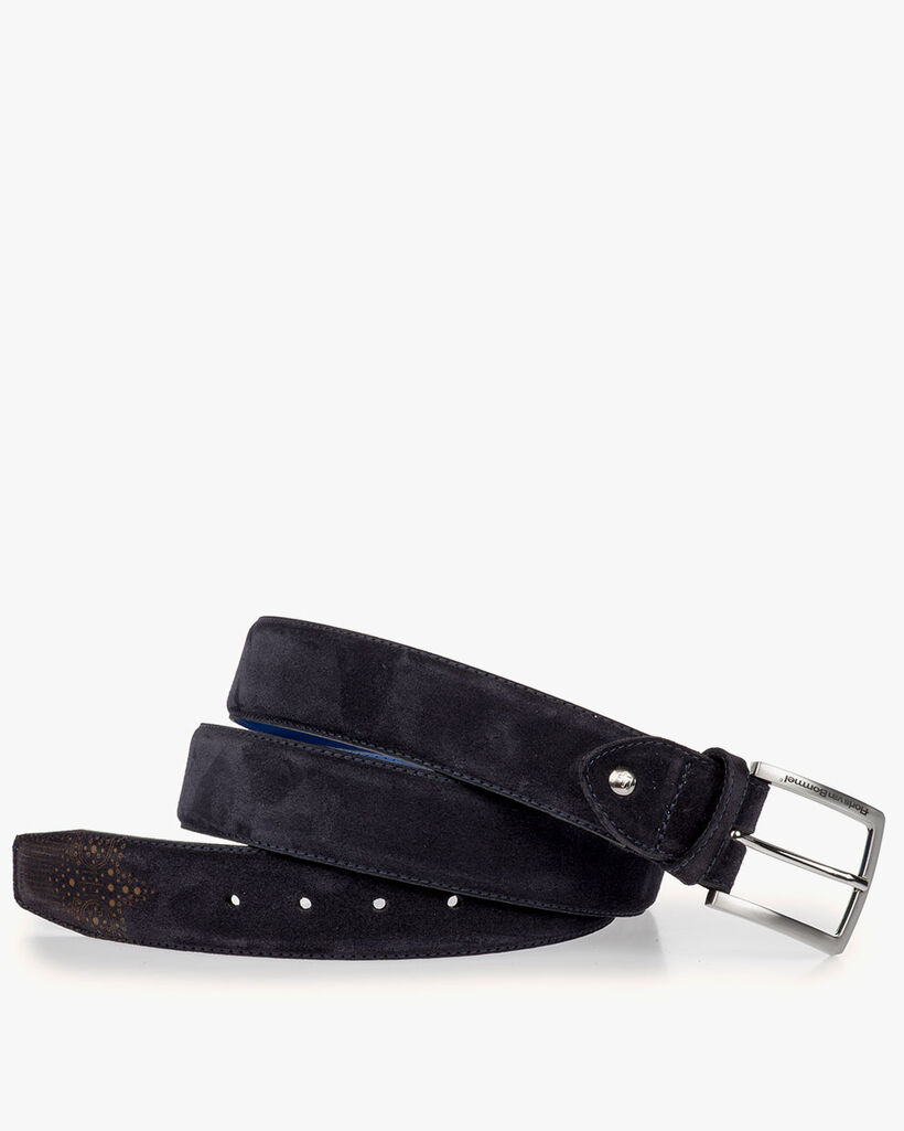 Blue suede leather belt with brogue perforations