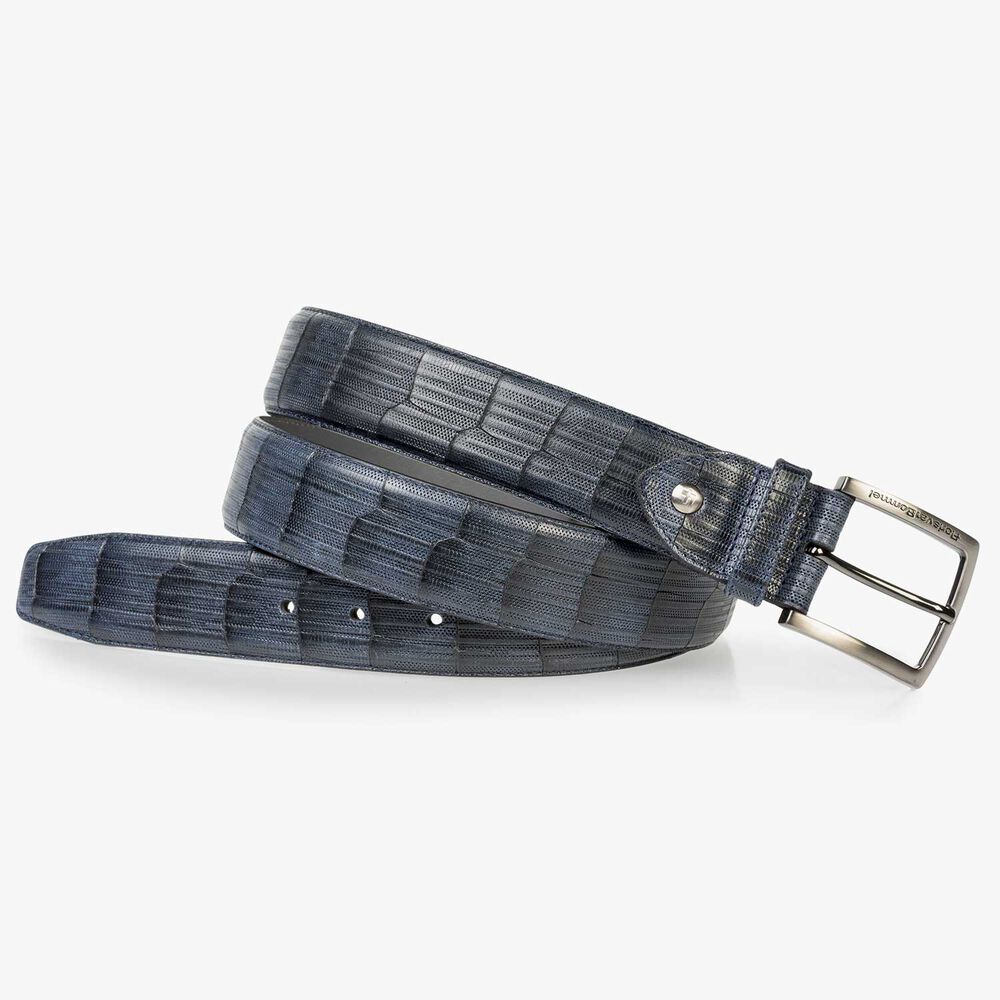 Dark blue leather belt with print