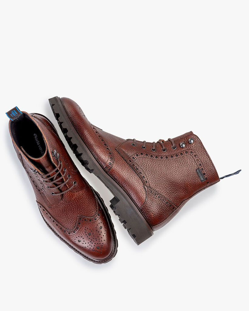 Schn&uuml;rstiefel Leder-Print cognac