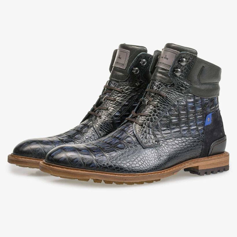 Blue calf leather lace boot with croco print