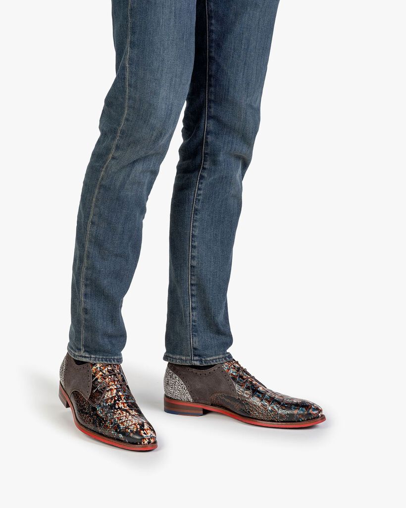 Schn&uuml;rschuh Leder mit Print cognac