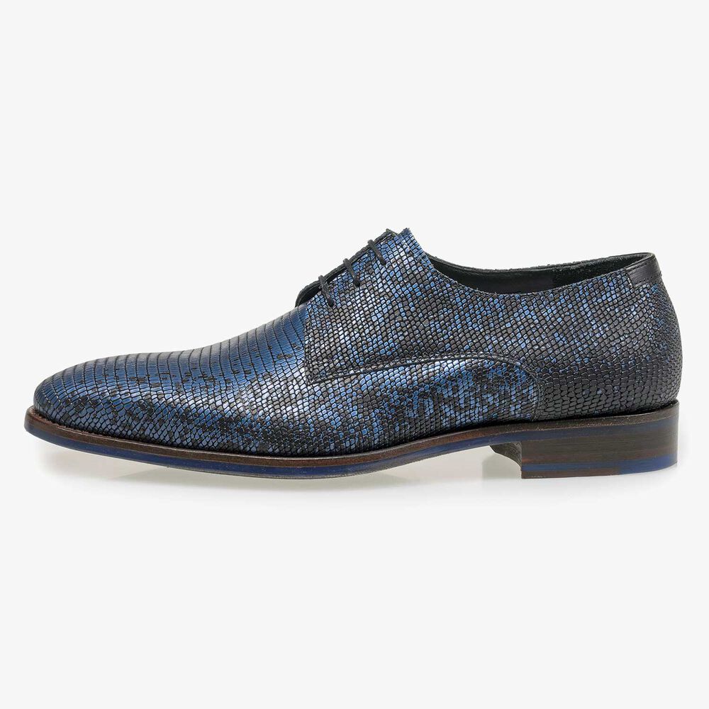 Black premium lace shoe with blue metallic print