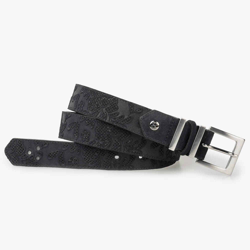 Black suede leather women's belt with a tone-on-tone flower print