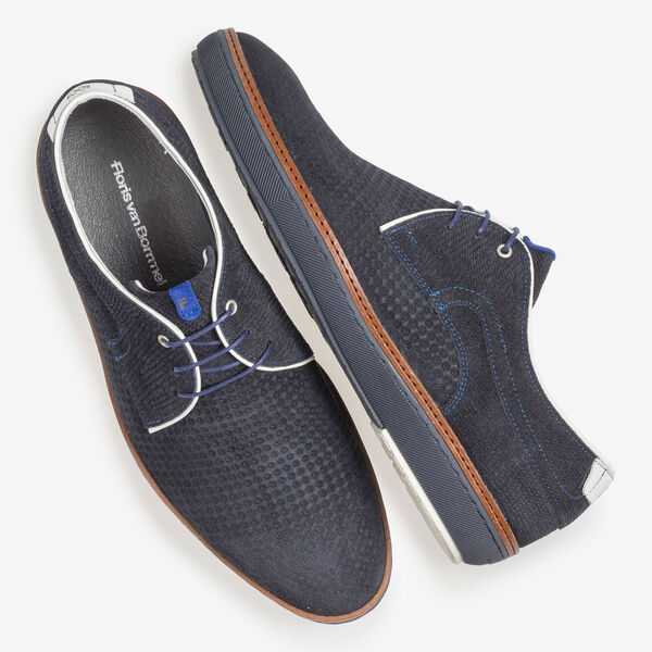 Blauer Wildleder-Schn&uuml;rschuh mit Print