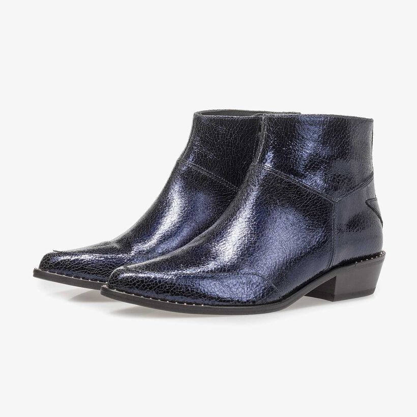 Dark blue leather ankle boots with metallic print
