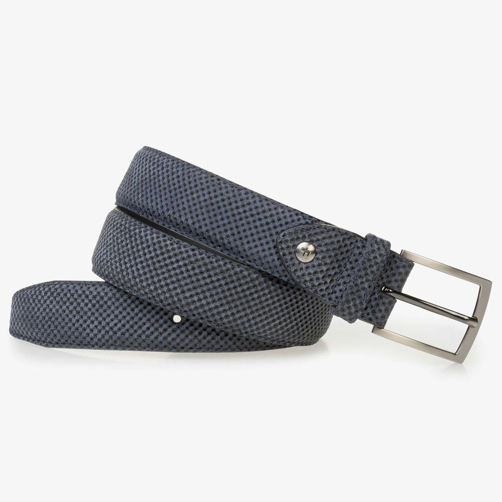 Blue suede leather belt with a mini print