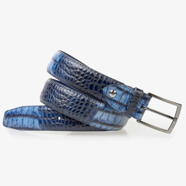 Blauer Kalbsleder-Schnürschuh mit Krokoprint