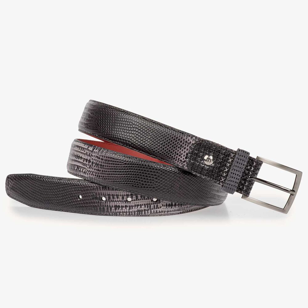 Grey leather belt with lizard print