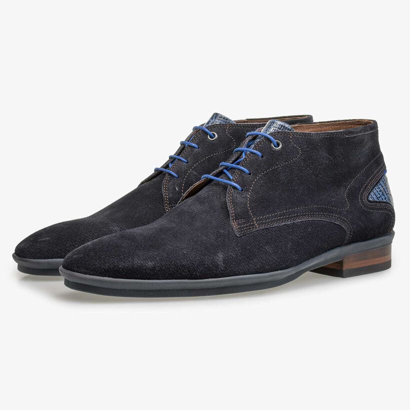 Blue patterned calf suede leather lace boot