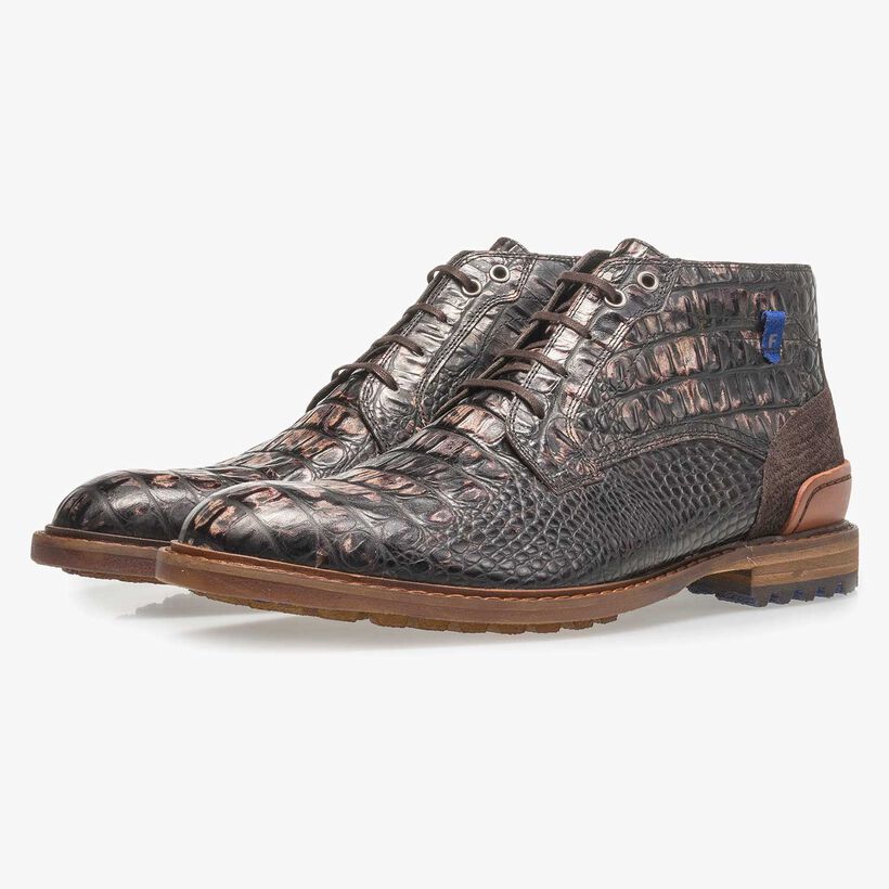 Dark brown leather lace boot with croco print