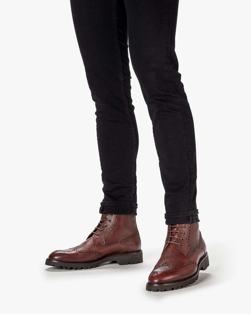 Schn&uuml;rstiefel Leder-Print cognac