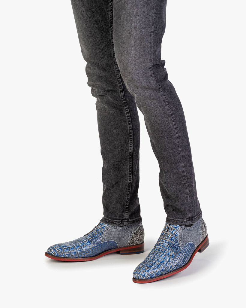 Schn&uuml;rschuh Leder mit Print blau