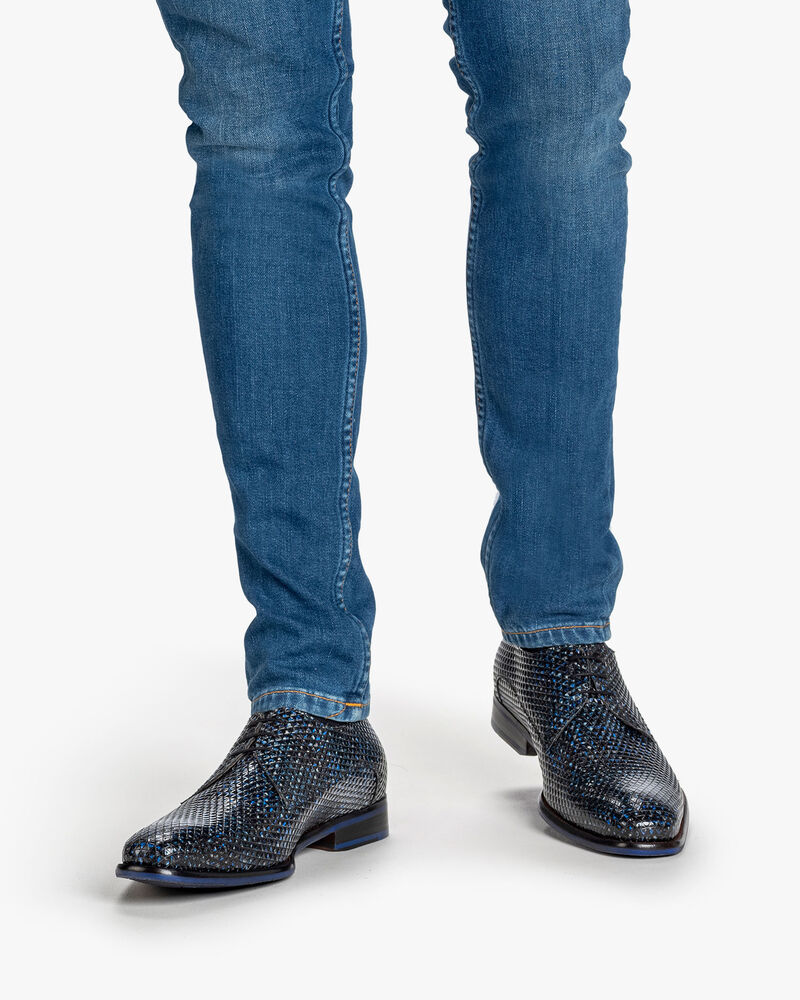 Schn&uuml;rschuh Leder-Print dunkelblau