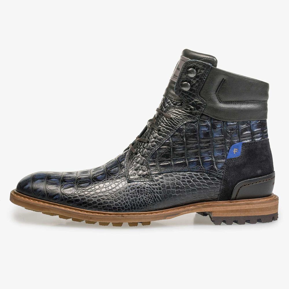 Blue calf leather lace boot with croco print