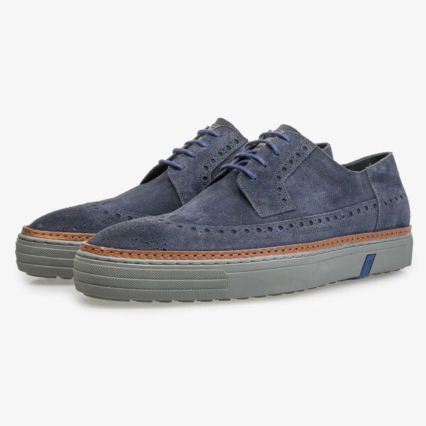 Blue suede sneaker with brogue details
