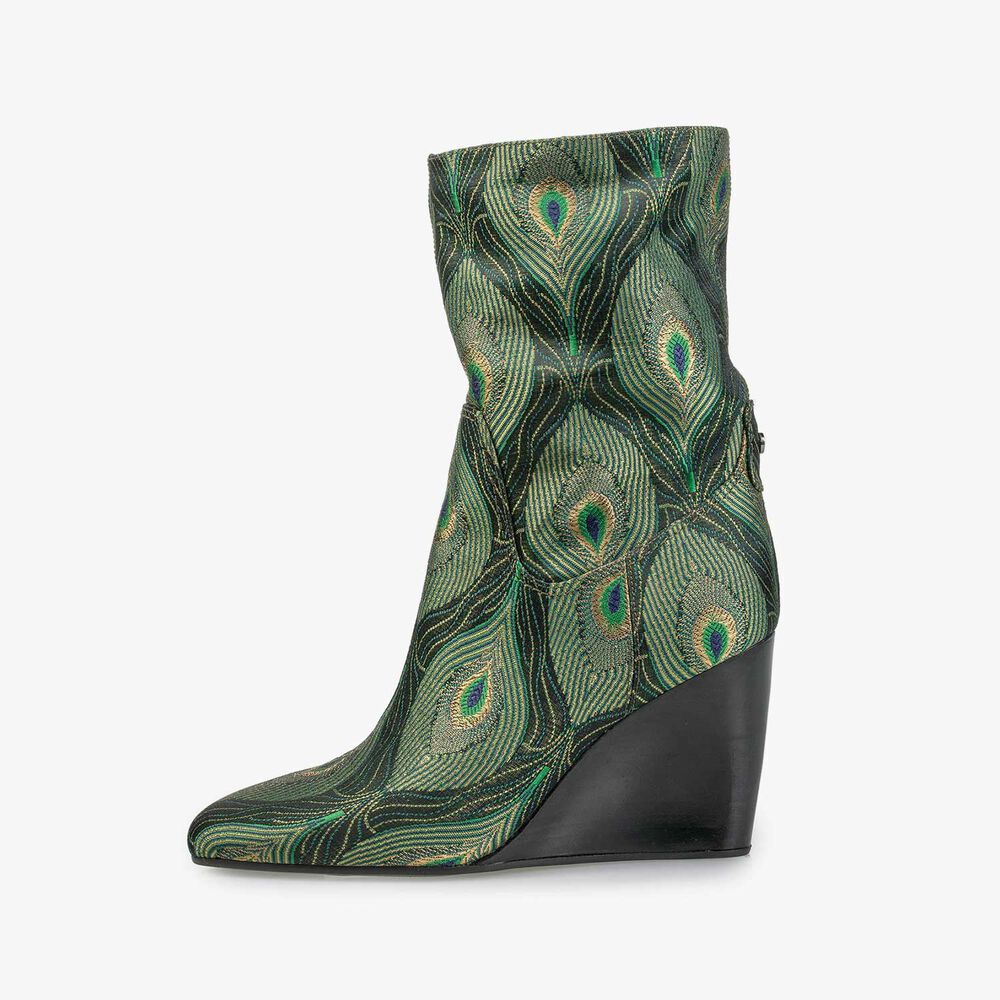 Mid-high boot with green peacock print