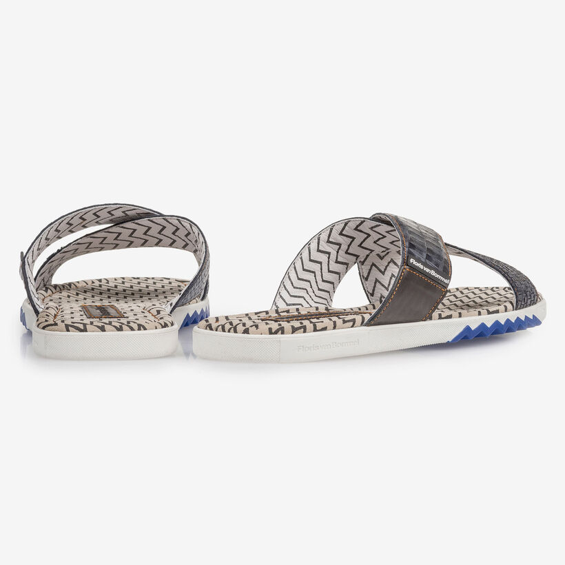 Dark blue nubuck leather cross strap slipper with print