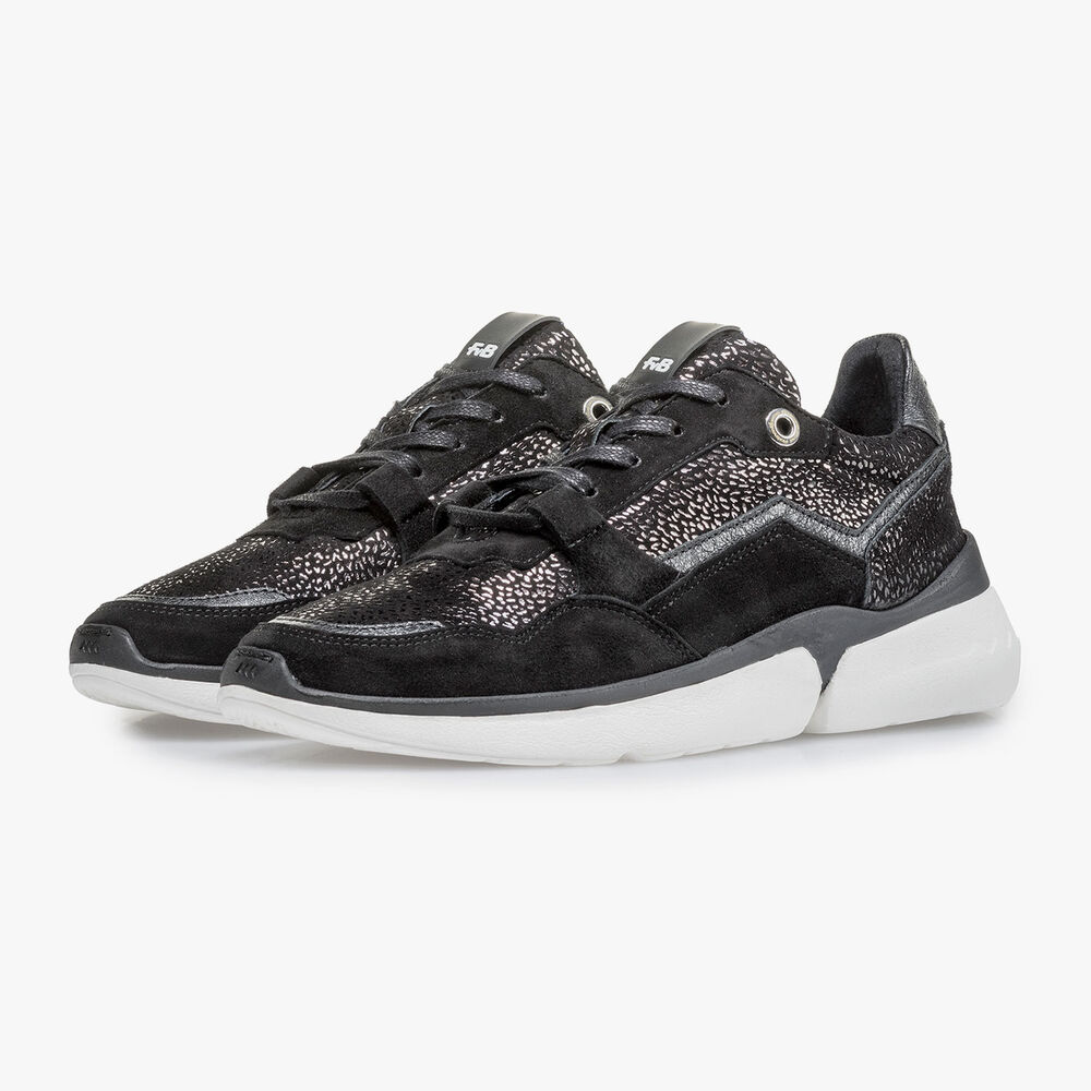 Black suede leather sneaker with metallic print