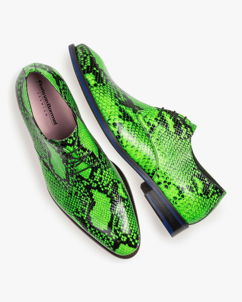 Neongr&uuml;ner Premium Leder-Schn&uuml;rschuh mit Schlangenprint