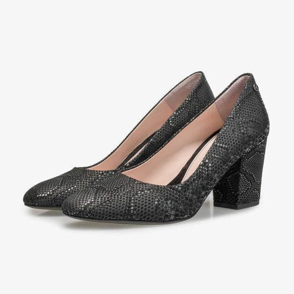 Black leather high heels with snake print