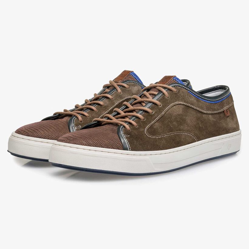 Dark brown calf suede leather sneaker with a lizard print