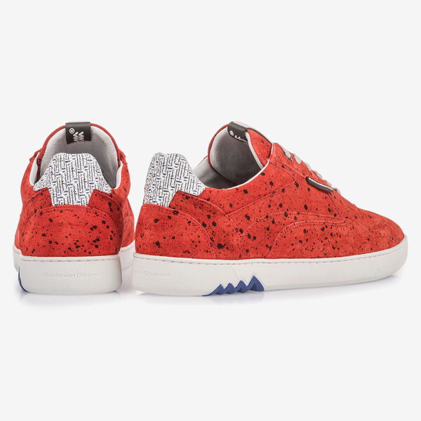 Red suede leather sneaker with black print