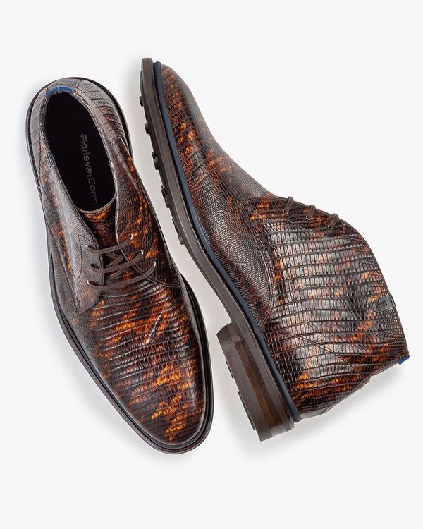Schn&uuml;rstiefel Eidechsenprint cognac
