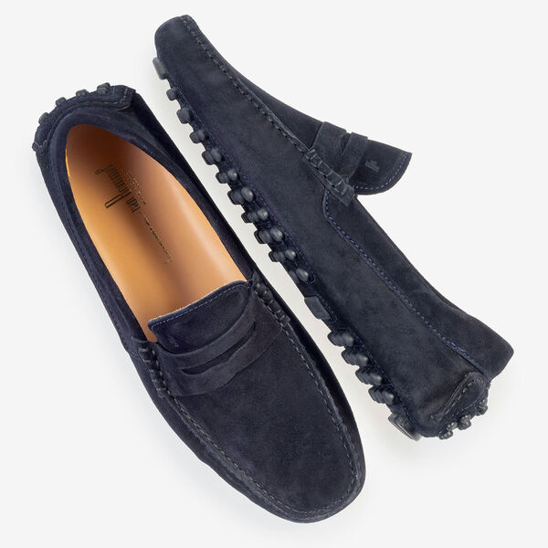 Dark blue suede leather moccasin