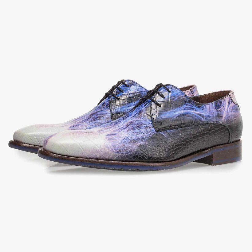 Premium purple calf leather lace shoe with lightning bolt print