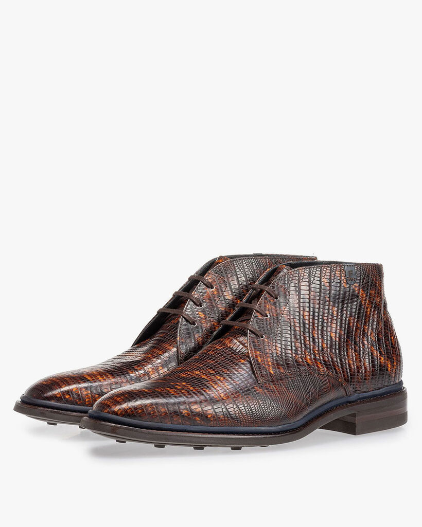 Schn&uuml;rstiefel Eidechsenprint cognac