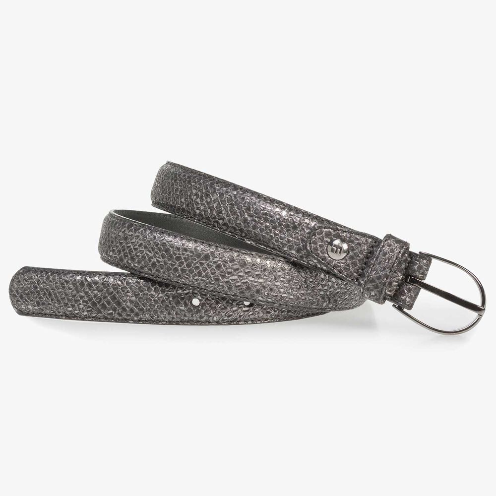 Grey leather belt with metallic print