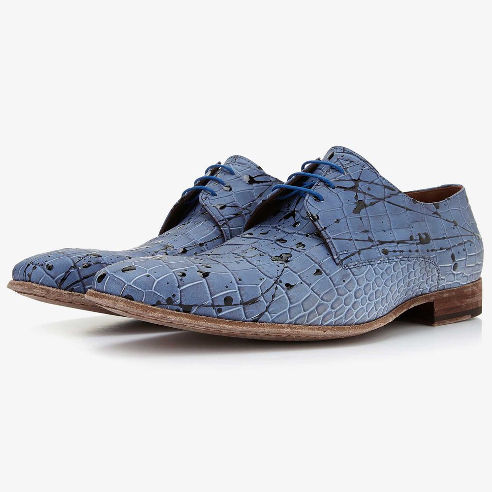 Floris van Bommel light blue men’s lace shoe in crocodile print