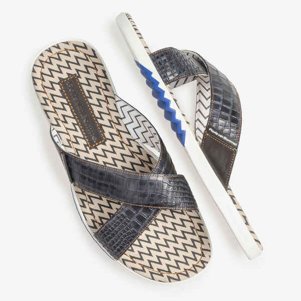 Dark blue nubuck leather cross strap slipper with print