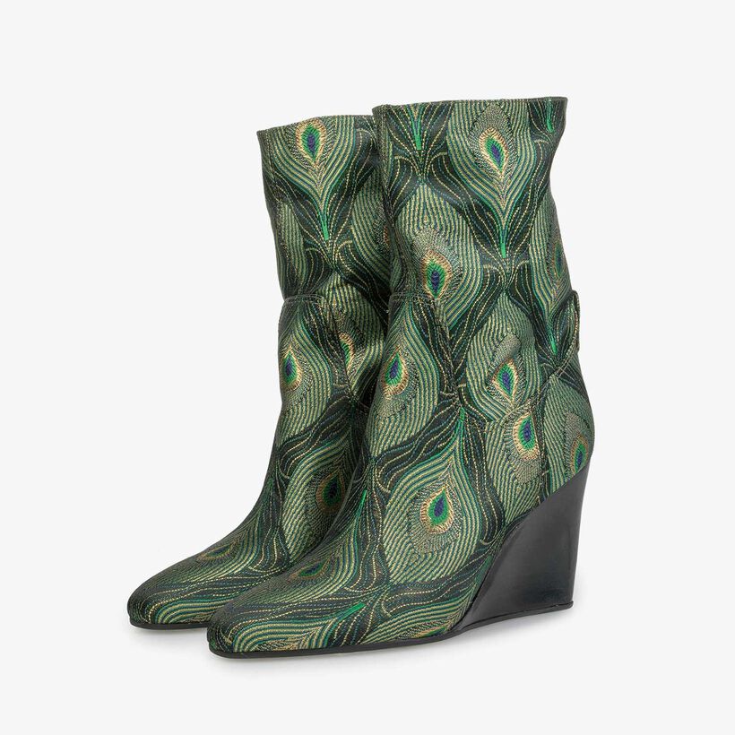 Halbhoher Stiefel mit grünem Pfauenprint
