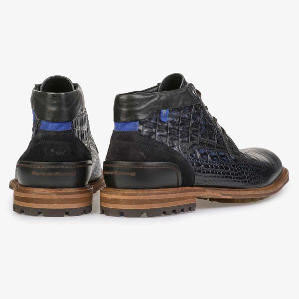 Blue leather lace boot with croco print