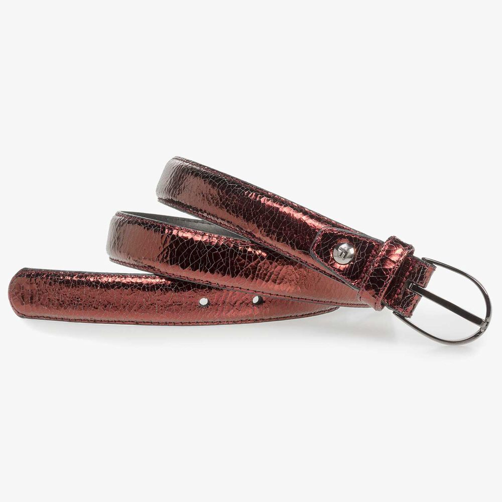 Red leather belt with metallic print