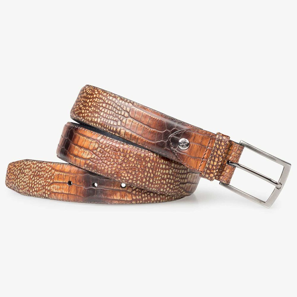 Cognac-coloured calf leather belt with croco print