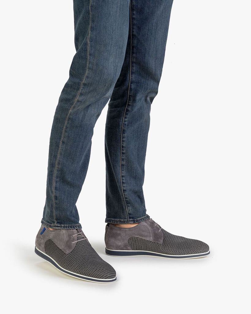 Schn&uuml;rschuh mit Print Wildleder blau