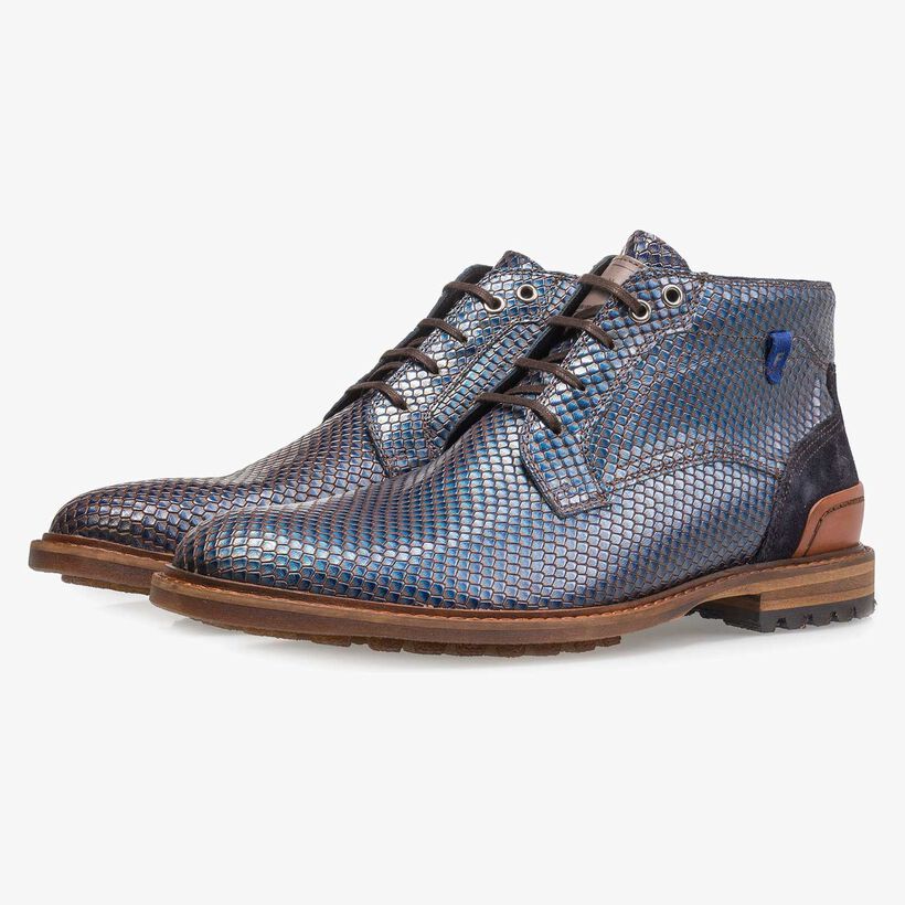 Premium blue printed metallic leather lace shoe