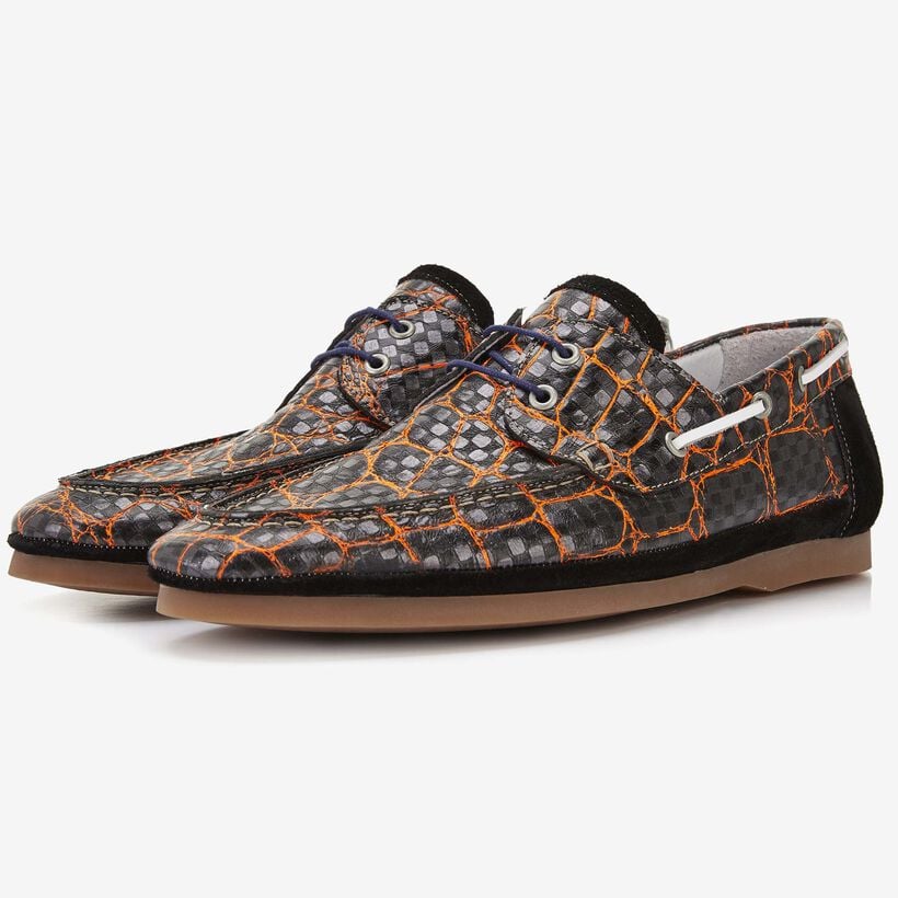 Floris van Bommel schwarzer Herren-Bootschuh mit Krokodil-Prägung