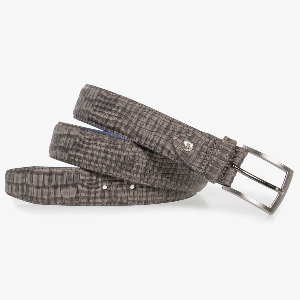 Dark grey nubuck leather belt with croco print