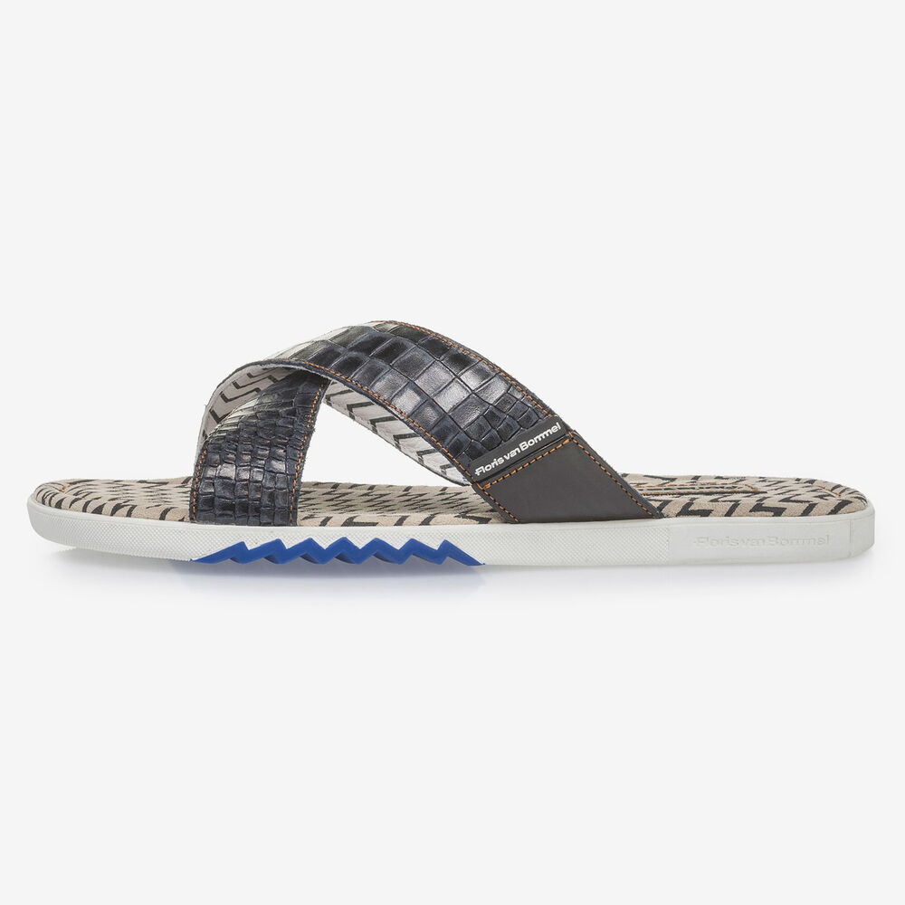Dark blue nubuck leather cross strap slipper with print